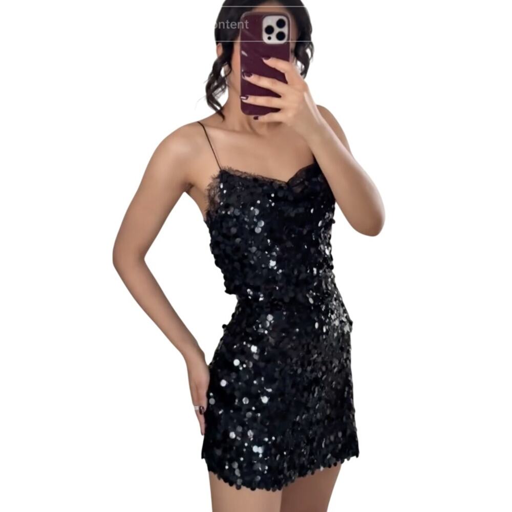 ZARA 2024 COLLECTION 9721/627 LACE SEQUIN MINI BLACK DRESS WOMENS SMALL 4 6 NWT